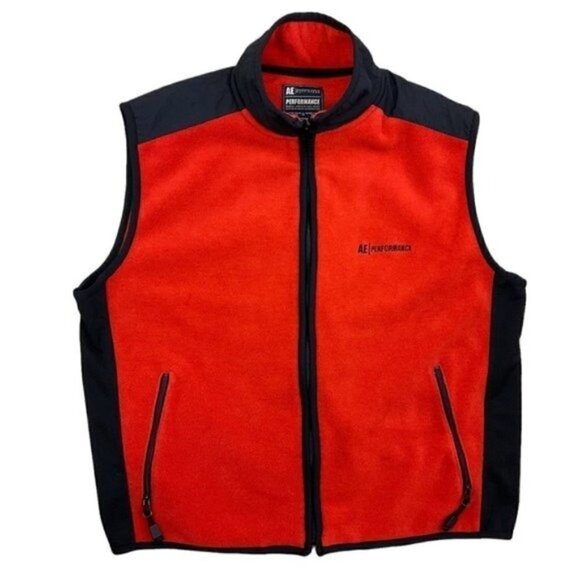 AEO American Eagle Outfitters AE Performance Large Vest Fleece Zip Black Orange - Picture 1 of 6